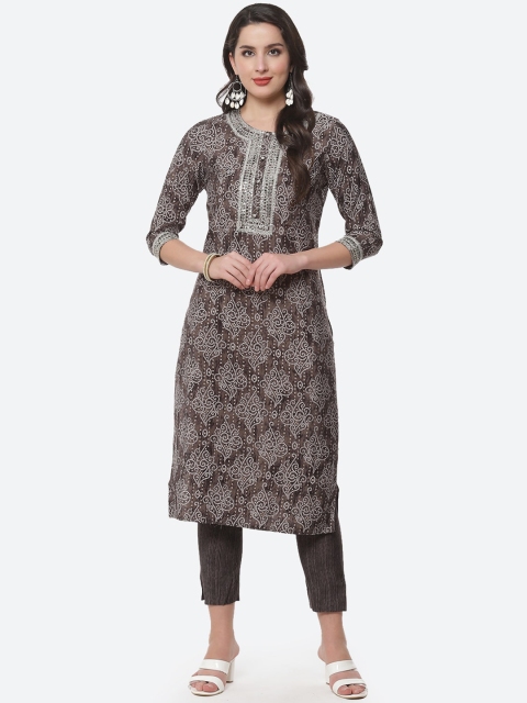 

Meena Bazaar Women Brown Floral Printed Layered Kurta with Trousers
