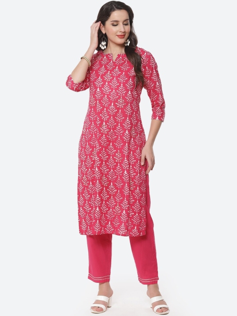 

Meena Bazaar Women Fuchsia & White Floral Printed Pure Cotton Kurta with Trousers
