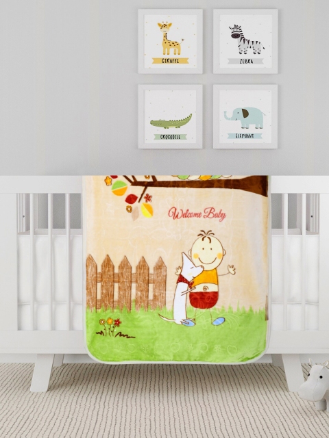 

ROMEE Beige & Green Cartoon Characters Mink Heavy Winter 300 GSM Single Bed Blanket