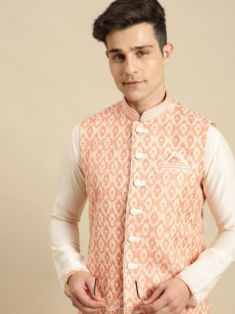 

Sanwara Men Pink Jacquard Kurta with Trousers & With Nehru Jacket