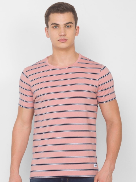 

SPYKAR Men Pink & Black Striped Slim Fit T-shirt