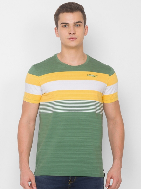 

SPYKAR Men Green & Yellow Striped Slim Fit Pure Cotton T-shirt