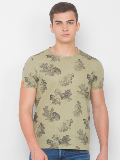 

SPYKAR Men Green & Grey Floral Printed Slim Fit T-shirt