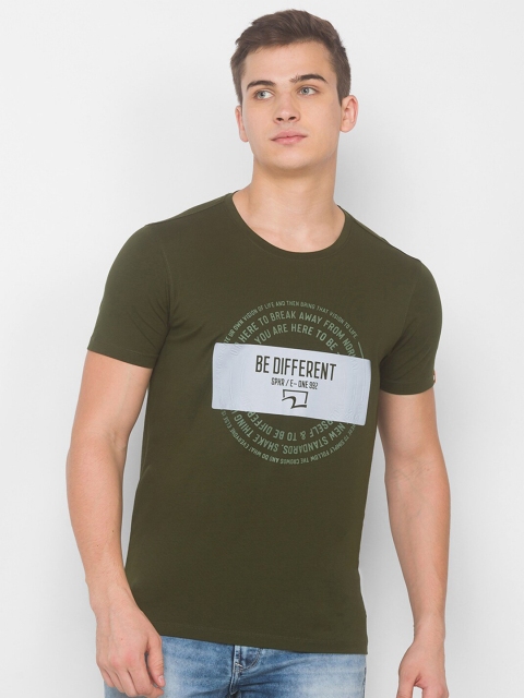 

SPYKAR Men Green & Grey Typography Printed Slim Fit T-shirt