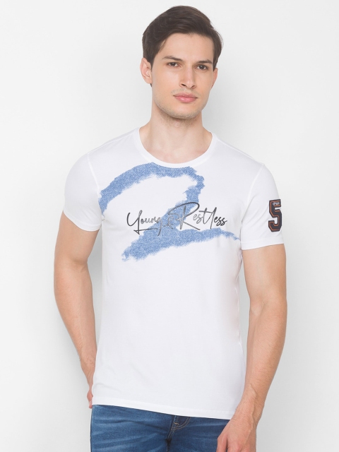 

SPYKAR Men White & Blue Typography Printed Applique Slim Fit T-shirt