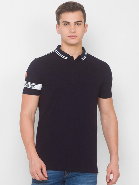 

SPYKAR Men Blue & White Typography Printed Polo Collar Applique Slim Fit T-shirt