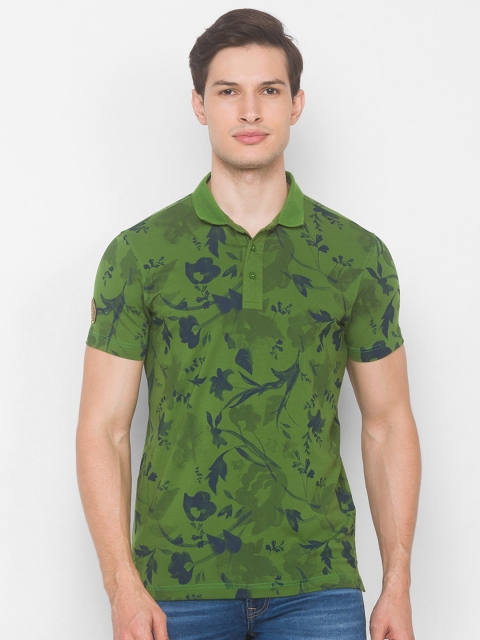 

SPYKAR Men Green Floral Printed Pure Cotton Polo Collar Slim Fit T-shirt