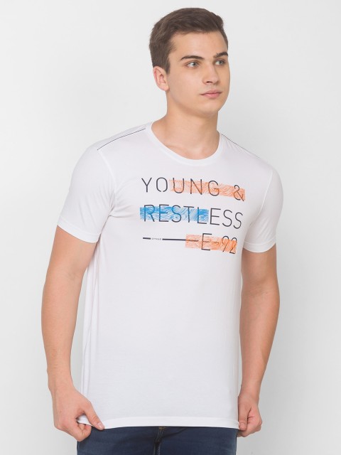 

SPYKAR Men White Typography Printed Applique Slim Fit T-shirt