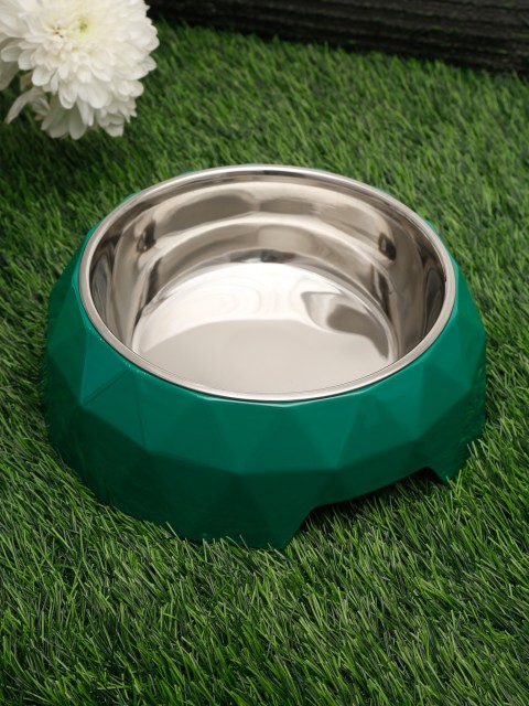 

WIGGLE TWIDDLE Green Solid Melamine & Stainless Steel Diamond Cut Dog Bowl -(450 ml)