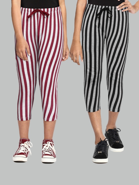 

SEYBIL Girls Pack Of 2 Grey Melange & Magenta Striped Cotton Three Fourth Capris