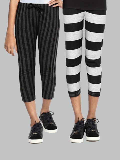 

SEYBIL Girls Pack Of 2 Grey Melange & Charcoal Striped Capris
