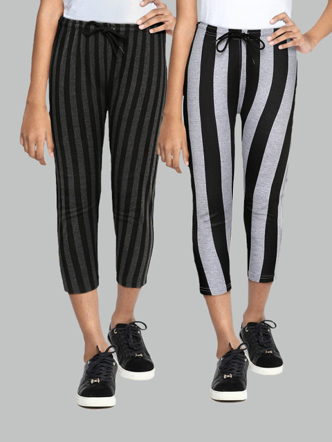 

SEYBIL Set Of 2 Girls Grey Melange & White Striped Capris