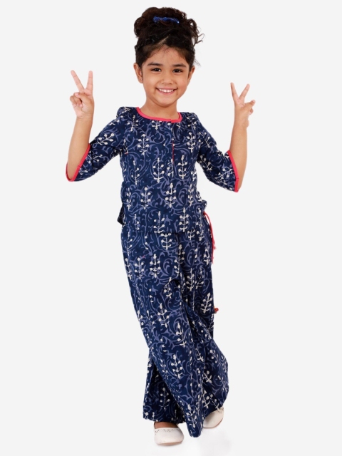 

Lil Peacock Girls Blue & White Printed Pure Cotton Top with Palazzos