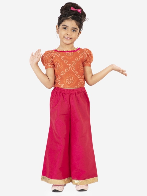 

Lil Peacock Girls Orange & Magenta Printed Top with Palazzos