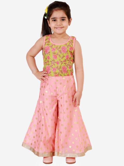 

Lil Peacock Girls Peach-Coloured & Lime Green Printed Top with Skirt