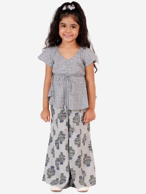 

Lil Peacock Girls Grey & Blue Printed Top with Palazzos