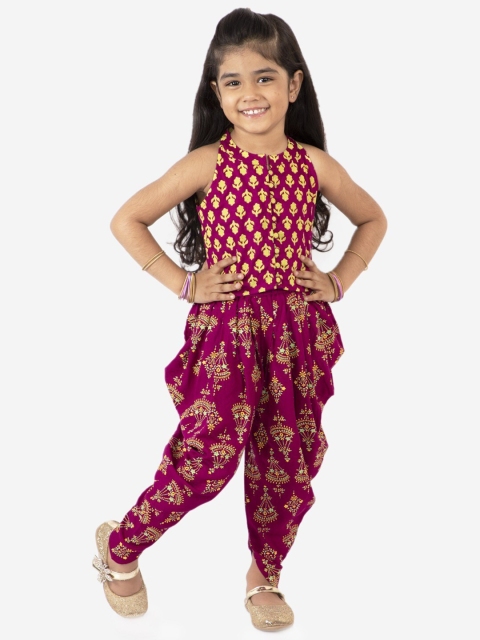

Lil Peacock Girls Magenta & Yellow Printed Top with Dhoti Pants