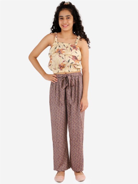 

Lil Peacock Girls Off White & Mauve Floral Printed Top with Pyjamas