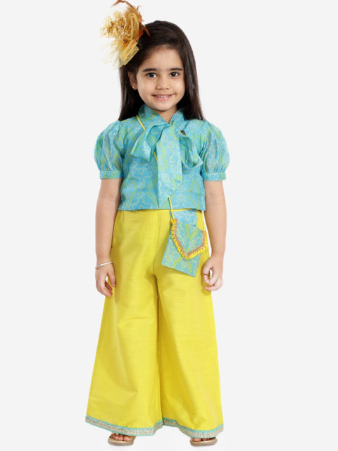 

Lil Peacock Girls Turquoise Blue & Yellow Printed Top with Palazzos With Bag