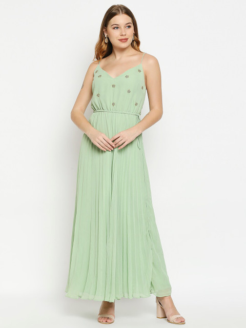 

aaliya Women Green Floral Embroidered Georgette Maxi Dress