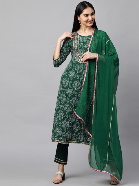 

FASHOR Women Green Printed Gotta Patti Kurta with Trousers & With Dupatta