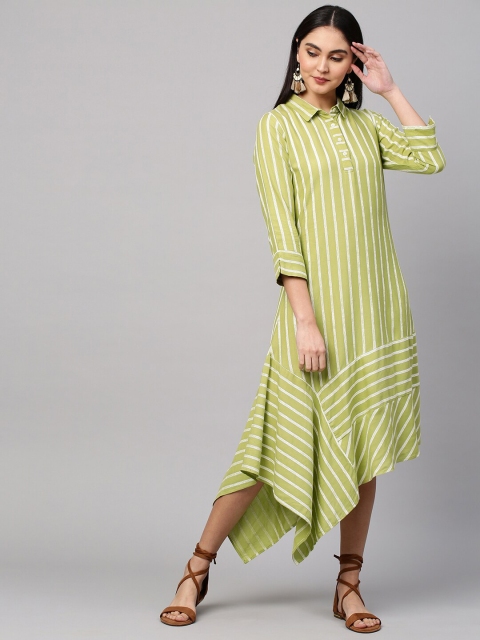 

FASHOR Green & White Striped Formal A-Line Midi Dress