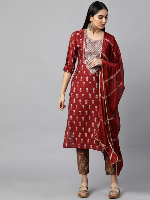 

FASHOR Women Maroon Printed Angrakha Kurta with Trousers & With Dupatta