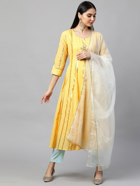 

FASHOR Yellow & Blue Empire Beads and Stones Pure Cotton Kurta with Sharara & Dupatta