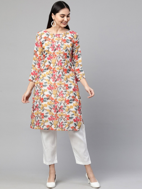 

FASHOR Women Beige Floral Printed Pure Cotton Kurta with Trousers