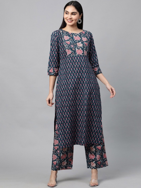 

FASHOR Women Blue Floral Printed Pure Cotton Kurta with Palazzos