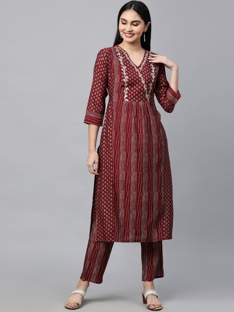 

FASHOR Women Maroon Ethnic Motifs Panelled Kurta with Trousers