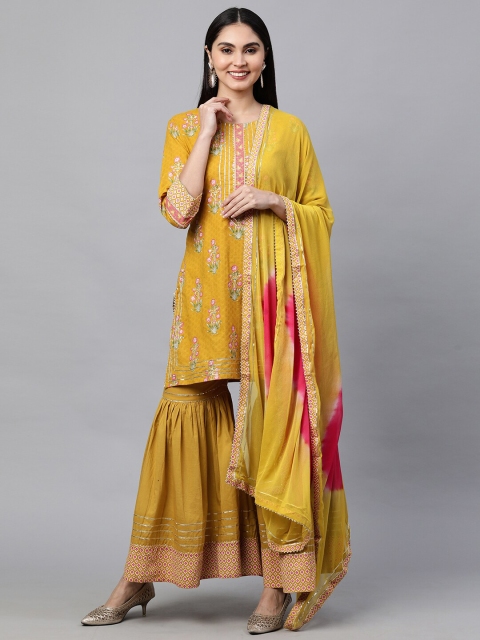 

FASHOR Women Mustard Yellow Pure Cotton Kurta with Sharara & Dupatta