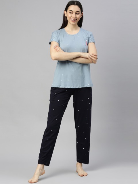 

GOLDSTROMS Women Grey & Navy Blue Printed Night suit