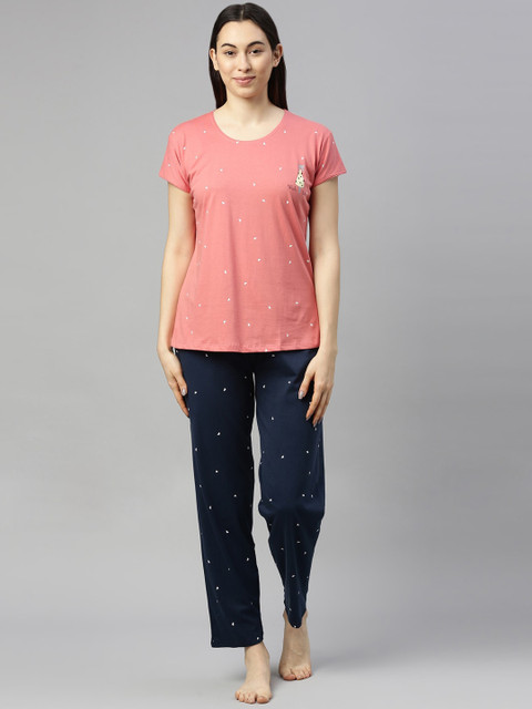 

GOLDSTROMS Women Peach-Coloured & Navy Blue Printed Night suit