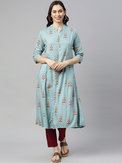 

GOLDSTROMS Women Sea Green & Beige Ethnic Motifs Printed A-line Kurta