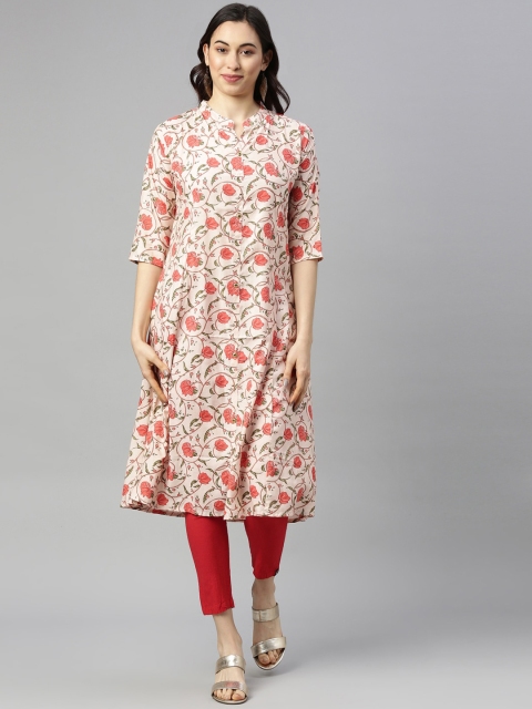 

GOLDSTROMS Women Off White & Coral Floral Printed Kurta