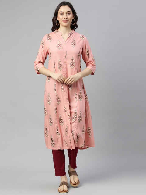 

GOLDSTROMS Women Peach-Coloured Ethnic Motifs Printed A-Line Kurta