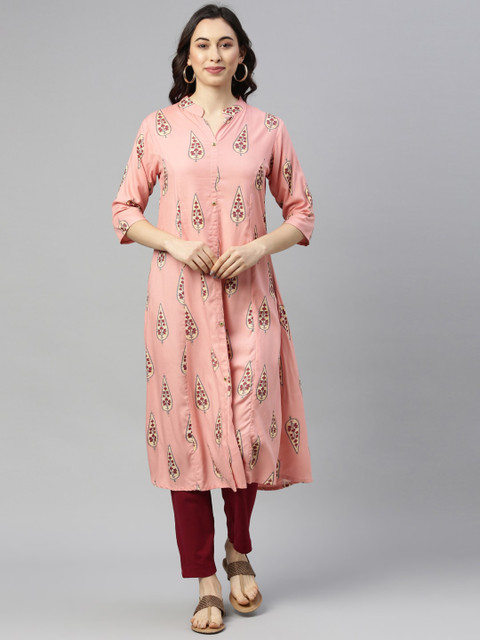 

GOLDSTROMS Women Peach-Coloured Ethnic Motifs Printed Thread Work Kurta