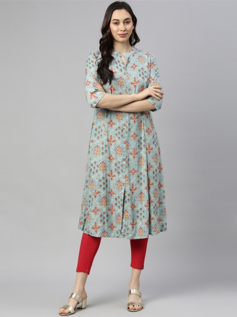

GOLDSTROMS Women Blue & Pink Floral Printed Anarkali Kurta
