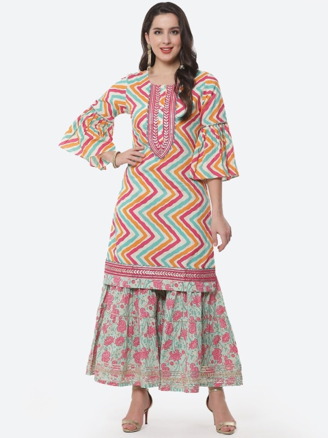 

Meena Bazaar Women Sea Green Printed Pure Cotton Kurta with Sharara