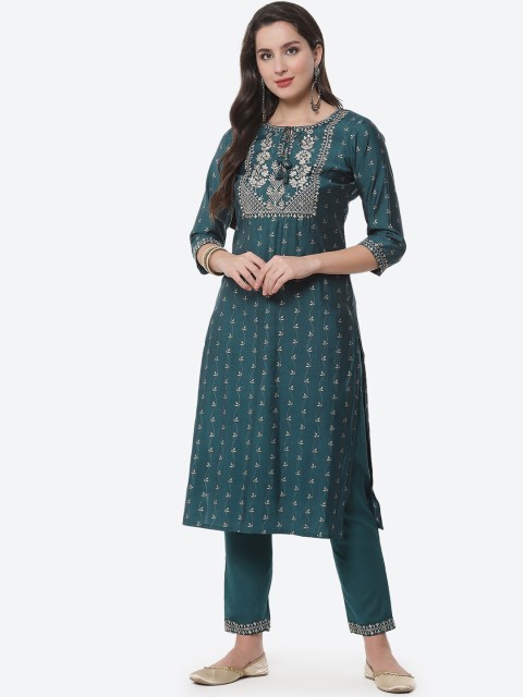 

Meena Bazaar Women Teal Ethnic Motifs Yoke Design Pure Cotton Kurta with Trousers