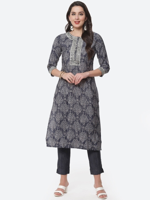 

Meena Bazaar Women Blue & Grey Ethnic Motifs Printed Kurta with Trousers