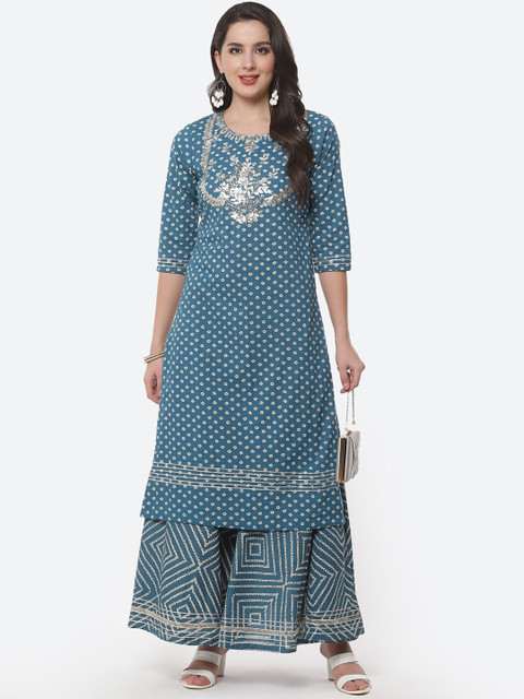 

Meena Bazaar Women Teal Bandhani Yoke Design Gotta Patti Pure Cotton Kurta with Sharara