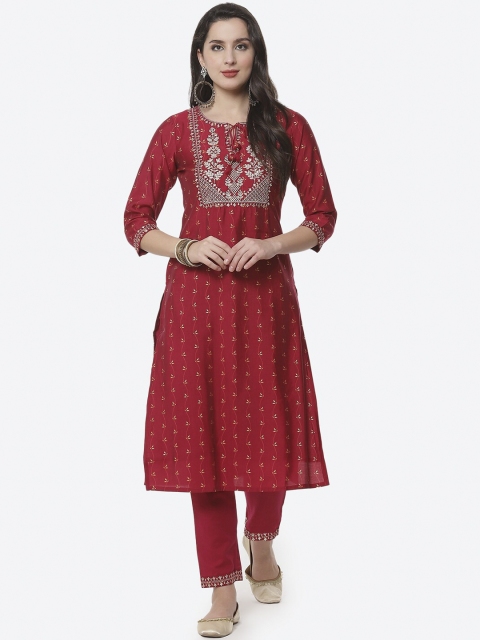 

Meena Bazaar Women Maroon Embroidered Pure Cotton Kurta with Trousers