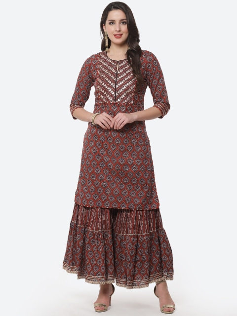 

Meena Bazaar Women Maroon Ethnic Motifs Printed Pure Cotton Kurta with Sharara