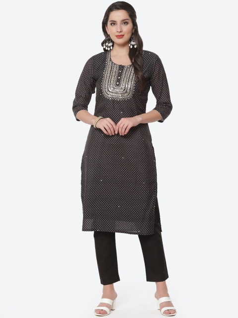 

Meena Bazaar Women Black Floral Printed Kurta with Trousers