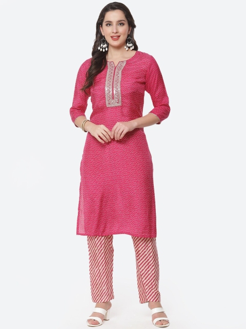 

Meena Bazaar Women Fuchsia Ethnic Motifs Embroidered Kurta with Trousers