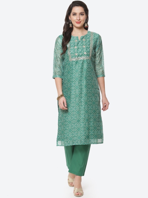 

Meena Bazaar Women Green Ethnic Motifs Embroidered Kurta with Trousers