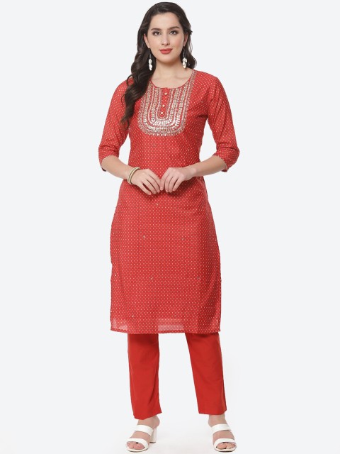 

Meena Bazaar Women Red Embroidered Kurta with Trousers