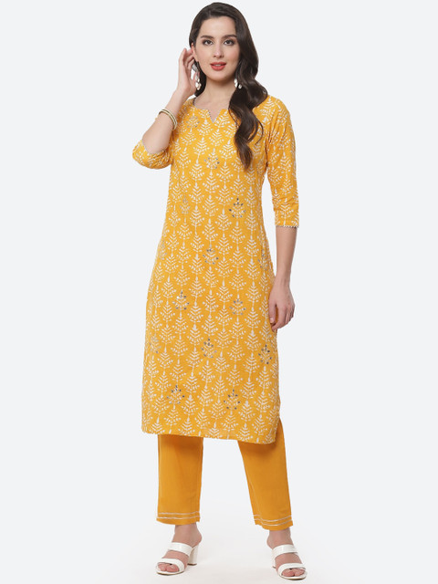 

Meena Bazaar Women Yellow Printed Pure Cotton Kurta with Trousers